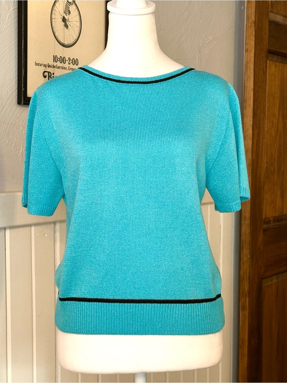 Vintage SAN REMO by Laura Knits Petite Aqua Short Sleeve Sweater | Contrast Trim